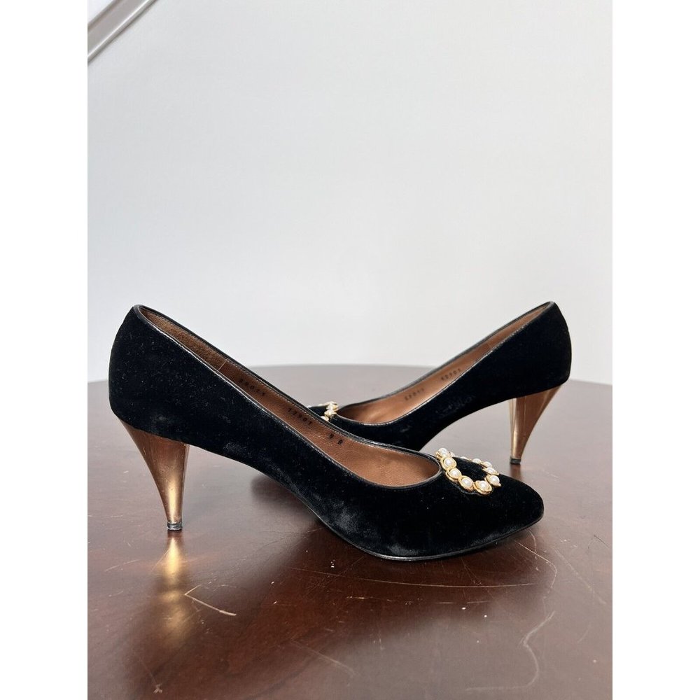 VTG Bruno Magli 90s Black Velvet Pumps Gold Heels Classic Italy Sz 8 - Picture 6 of 12